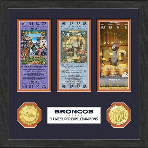 The Denver Broncos Super Bowl Championship commemorative ticket collection is featured in a 12 x 12 wood frame with double matting.